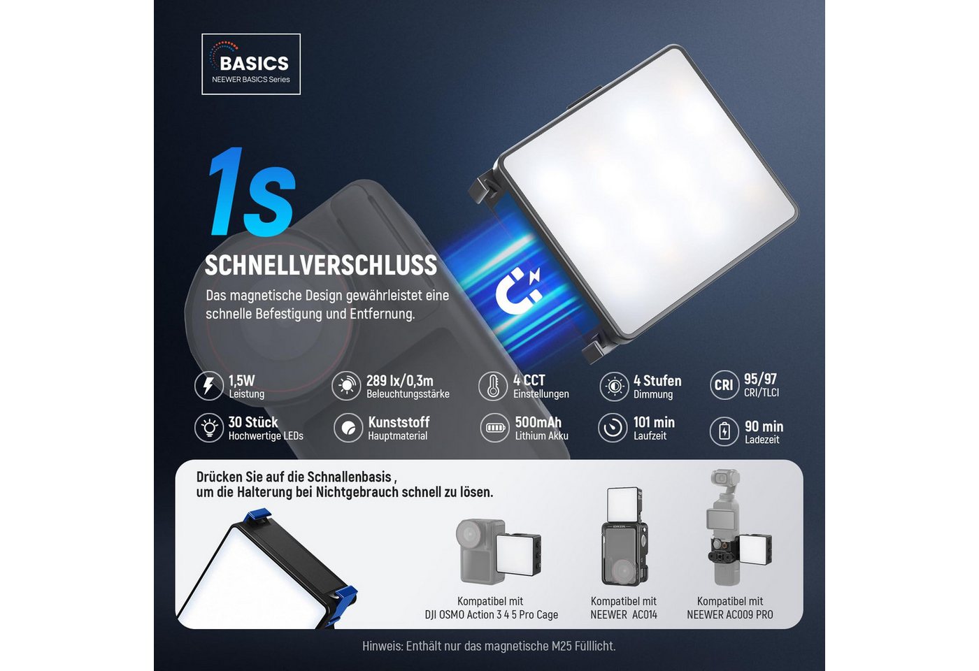 Neewer Videoleuchte M25 Zweifarbiges magnetisches LED Videolicht, 1,5W Fülllicht Aufsatz, für DJI OSMO NANO ACTION 3 4 5 Pro Cage AC009 PRO Pocket 3 Bild 3