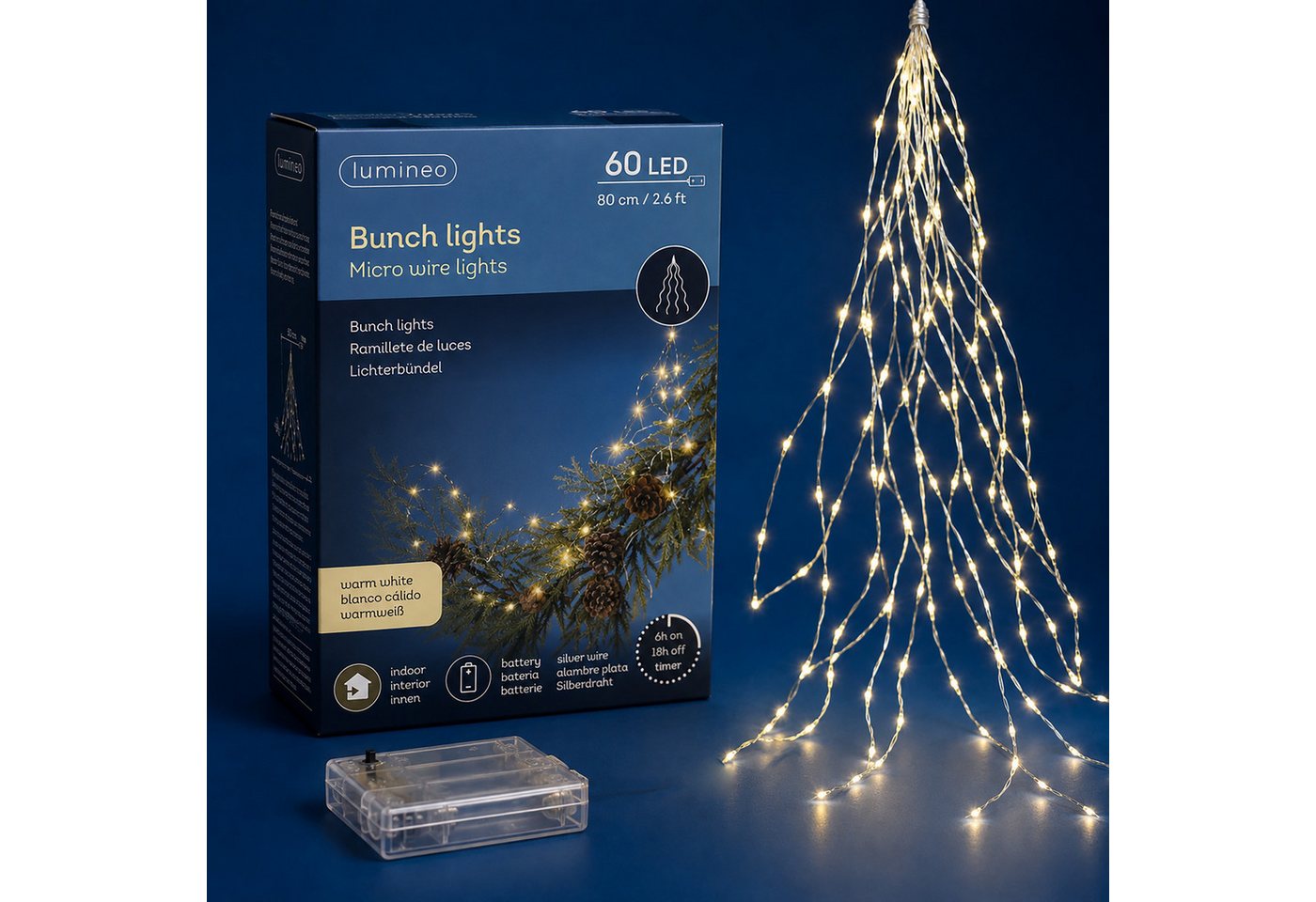 Lumineo LED-Lichterkette, LED Lichterbündel 80cm mit 60 warmweißen Lichtpunkten Silber Bild 2