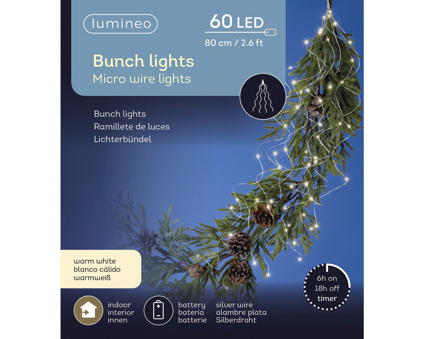 Lumineo LED-Lichterkette, LED Lichterbündel 80cm mit 60 warmweißen Lichtpunkten Silber Bild 3