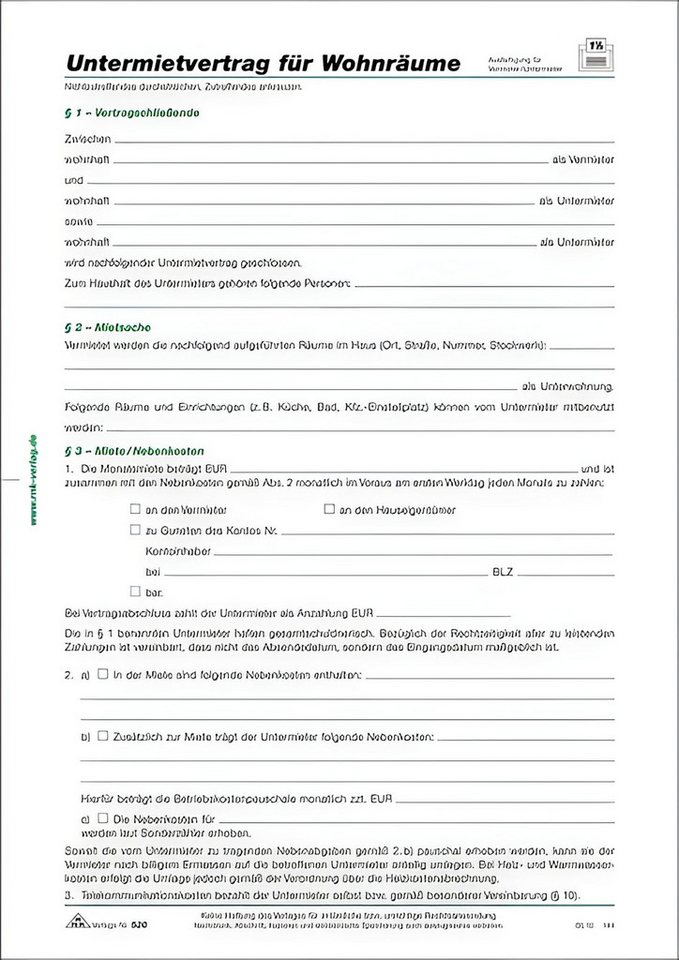 RNK Formularblock RNK Untermietvertrag A4