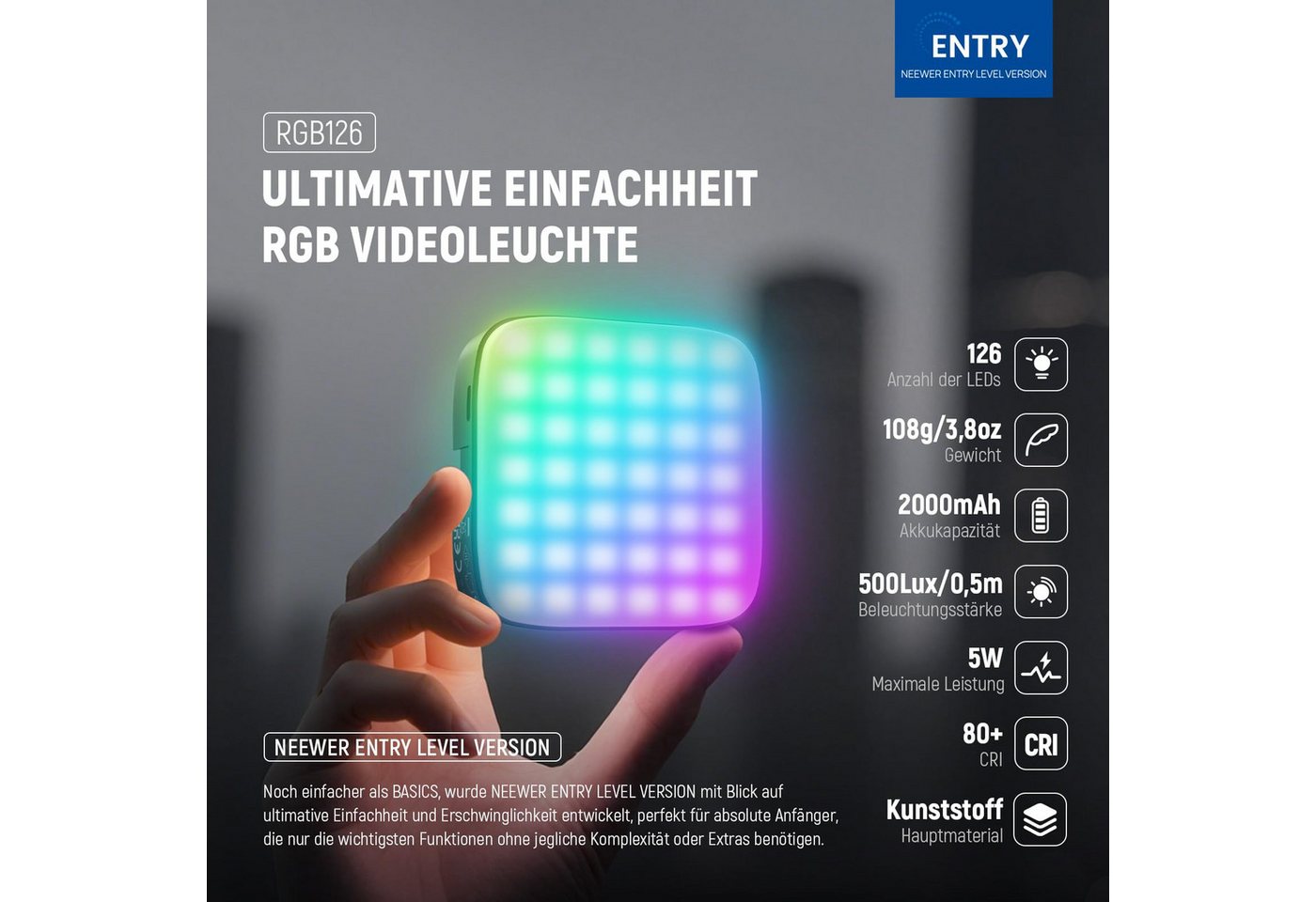 Neewer Videoleuchte RGB126 Einsteiger-Version RGB Videolicht, Magnetisches Kameralicht, Clip on, 3 Kaltschuh, 1/4" Gewinde, 2000mAh, für Selfie Videoaufnahmen Bild 5