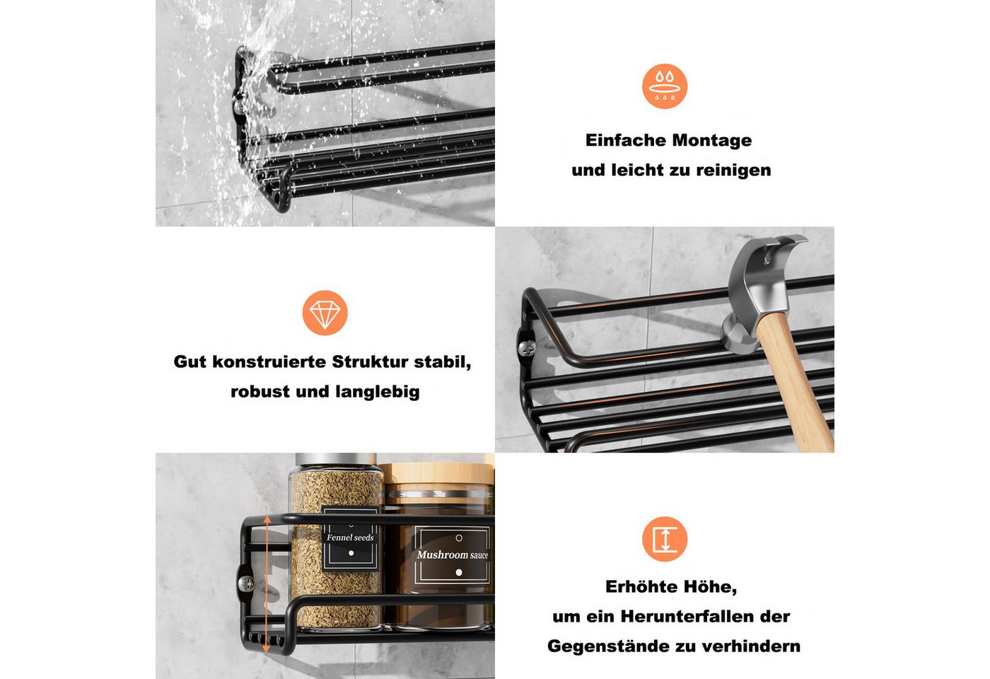 Coonoor Gewürzregal Wandgewürzregal 2er-Set hängender Metall-Gewürzhalter, 2-tlg., mit selbstklebend und Schrauben, für Gewürzgläser, Küchenschrank Bild 3