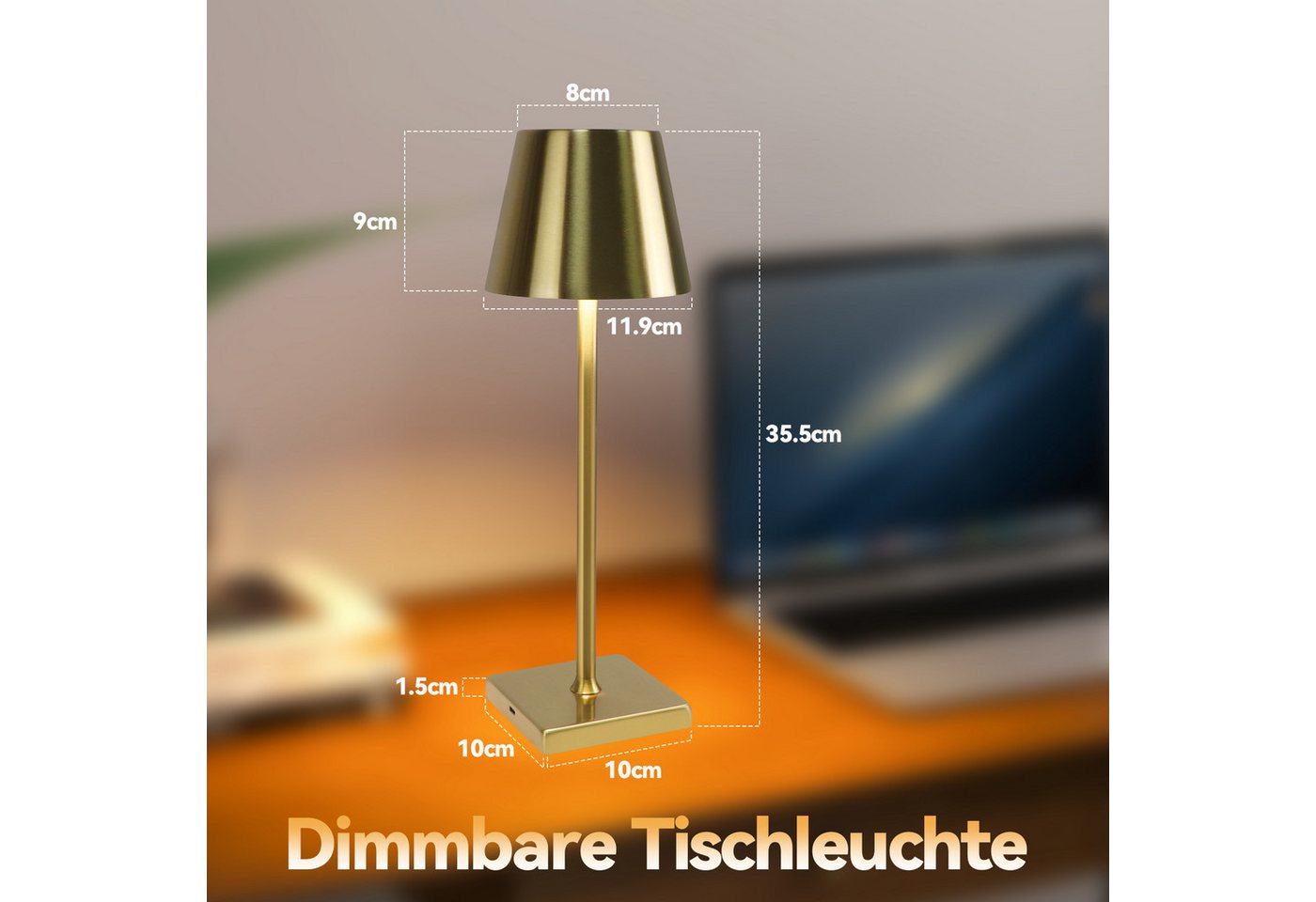 ZMH LED Tischleuchte kabellos Gold, dimmbare Akku-Nachttischlampe mit Touch, 3 Lichtfarben, LED fest integriert, Warmweiß, Neutralweiß, Kaltweiß, USB-C, 5 W, Tischlampe Wohnzimmer Restaurant