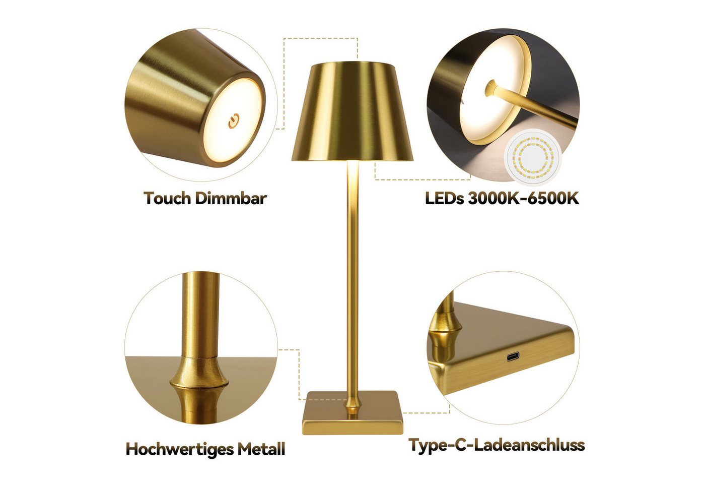 ZMH LED Tischleuchte kabellos Gold, dimmbare Akku-Nachttischlampe mit Touch, 3 Lichtfarben, LED fest integriert, Warmweiß, Neutralweiß, Kaltweiß, USB-C, 5 W, Tischlampe Wohnzimmer Restaurant Bild 2
