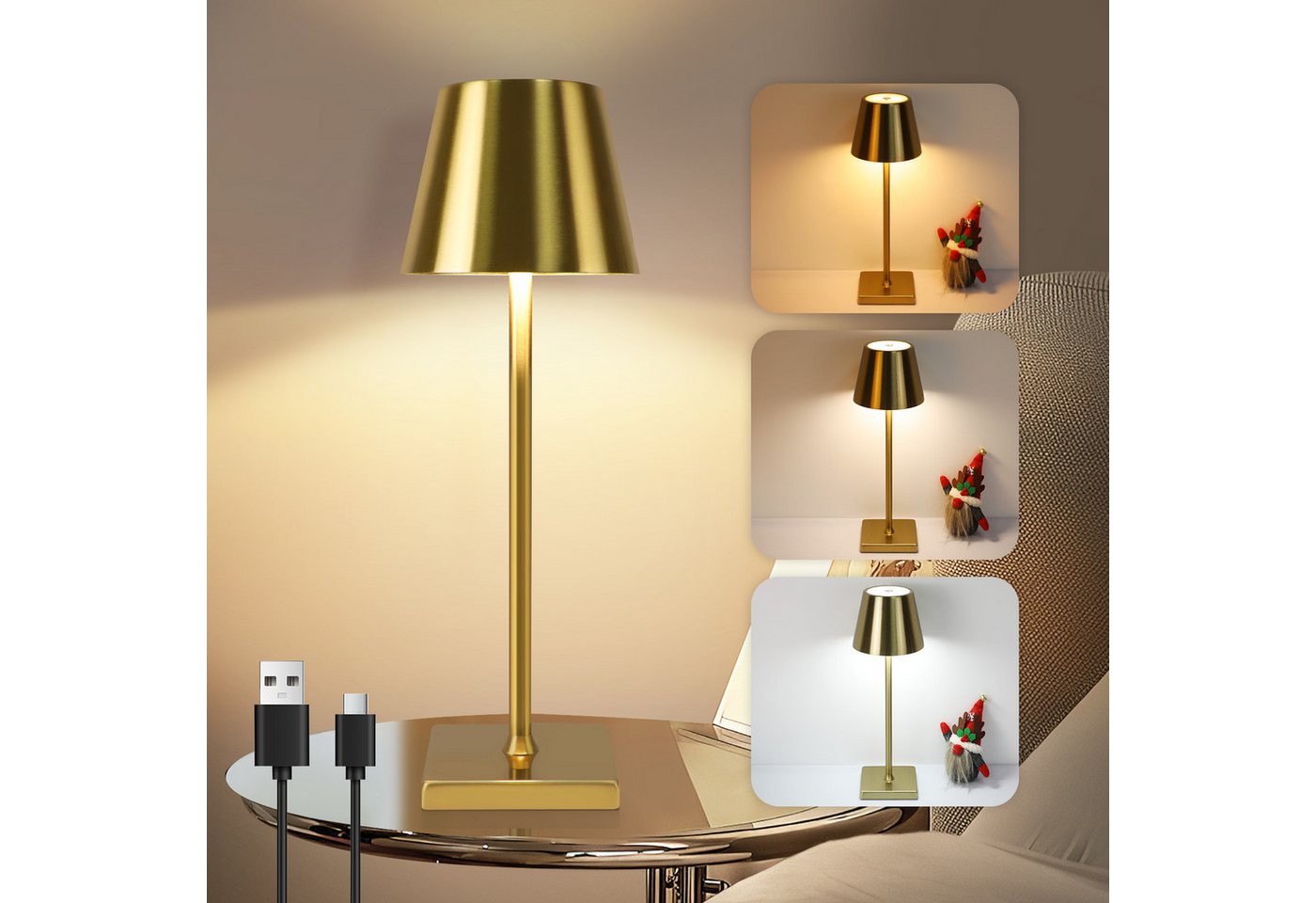 ZMH LED Tischleuchte kabellos Gold, dimmbare Akku-Nachttischlampe mit Touch, 3 Lichtfarben, LED fest integriert, Warmweiß, Neutralweiß, Kaltweiß, USB-C, 5 W, Tischlampe Wohnzimmer Restaurant Bild 3