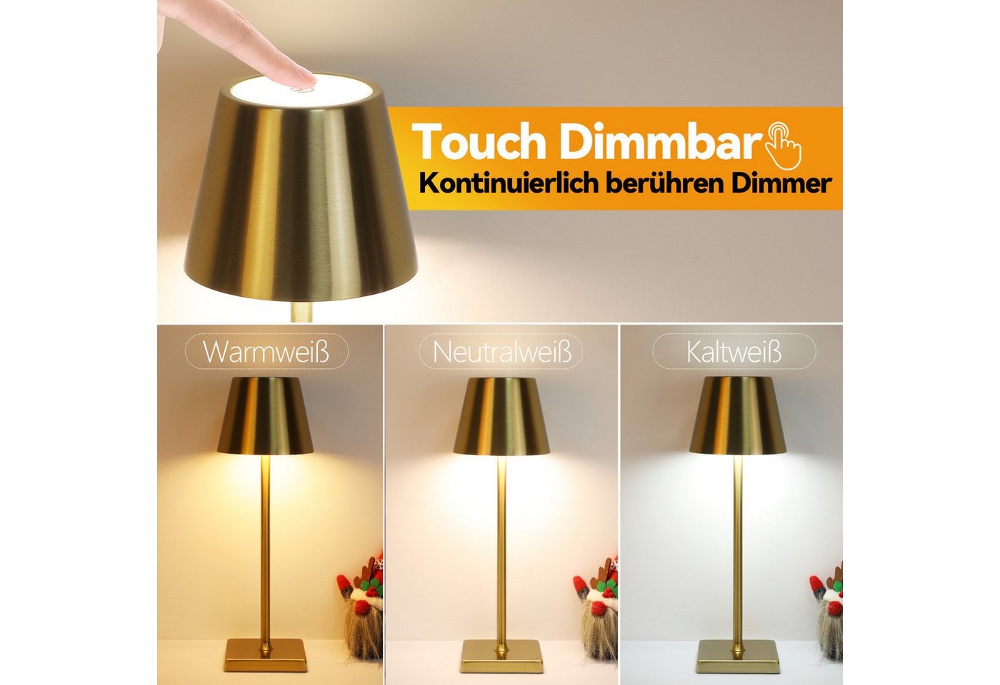ZMH LED Tischleuchte kabellos Gold, dimmbare Akku-Nachttischlampe mit Touch, 3 Lichtfarben, LED fest integriert, Warmweiß, Neutralweiß, Kaltweiß, USB-C, 5 W, Tischlampe Wohnzimmer Restaurant Bild 4