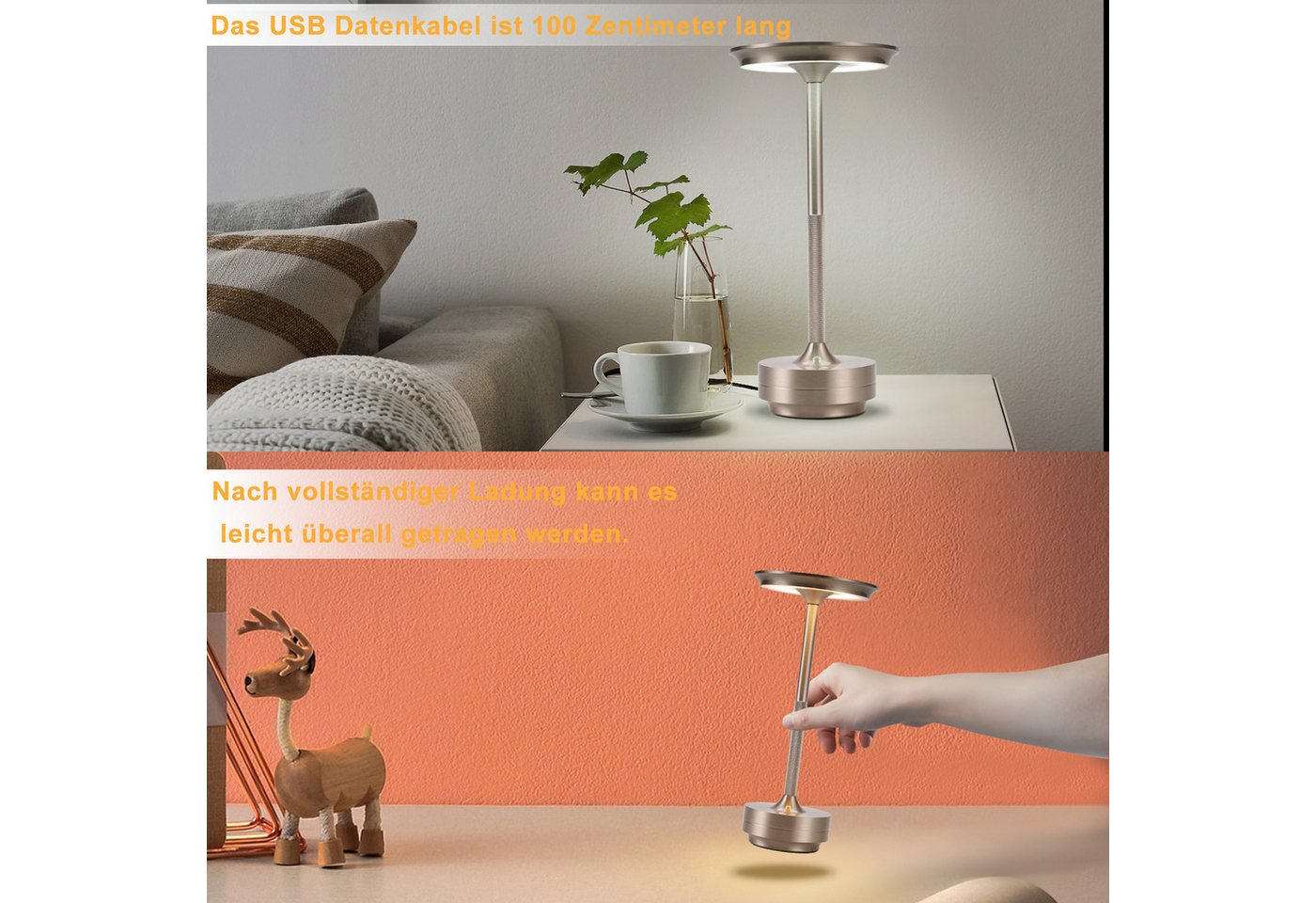 ZMH LED Tischleuchte kabellose Akku-Nachttischlampe, Dimmbar, Touch-Steuerung, 3 Lichtfarben, USB-C-aufladbar, LED fest integriert, Warmweiß, Neutralweiß, Kaltweiß Bild 2