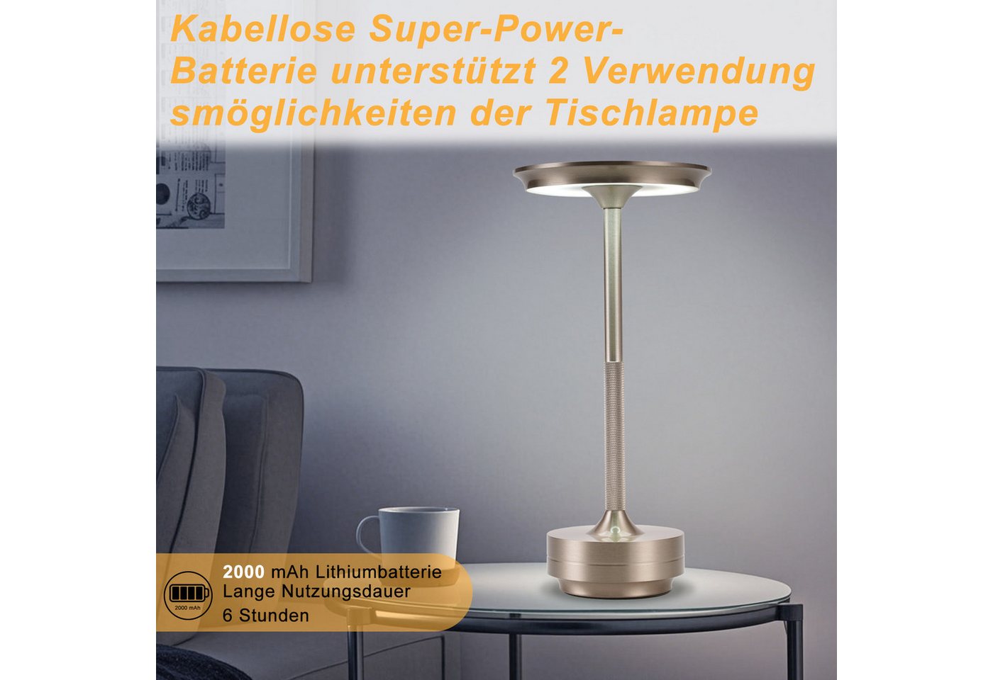 ZMH LED Tischleuchte kabellose Akku-Nachttischlampe, Dimmbar, Touch-Steuerung, 3 Lichtfarben, USB-C-aufladbar, LED fest integriert, Warmweiß, Neutralweiß, Kaltweiß Bild 3