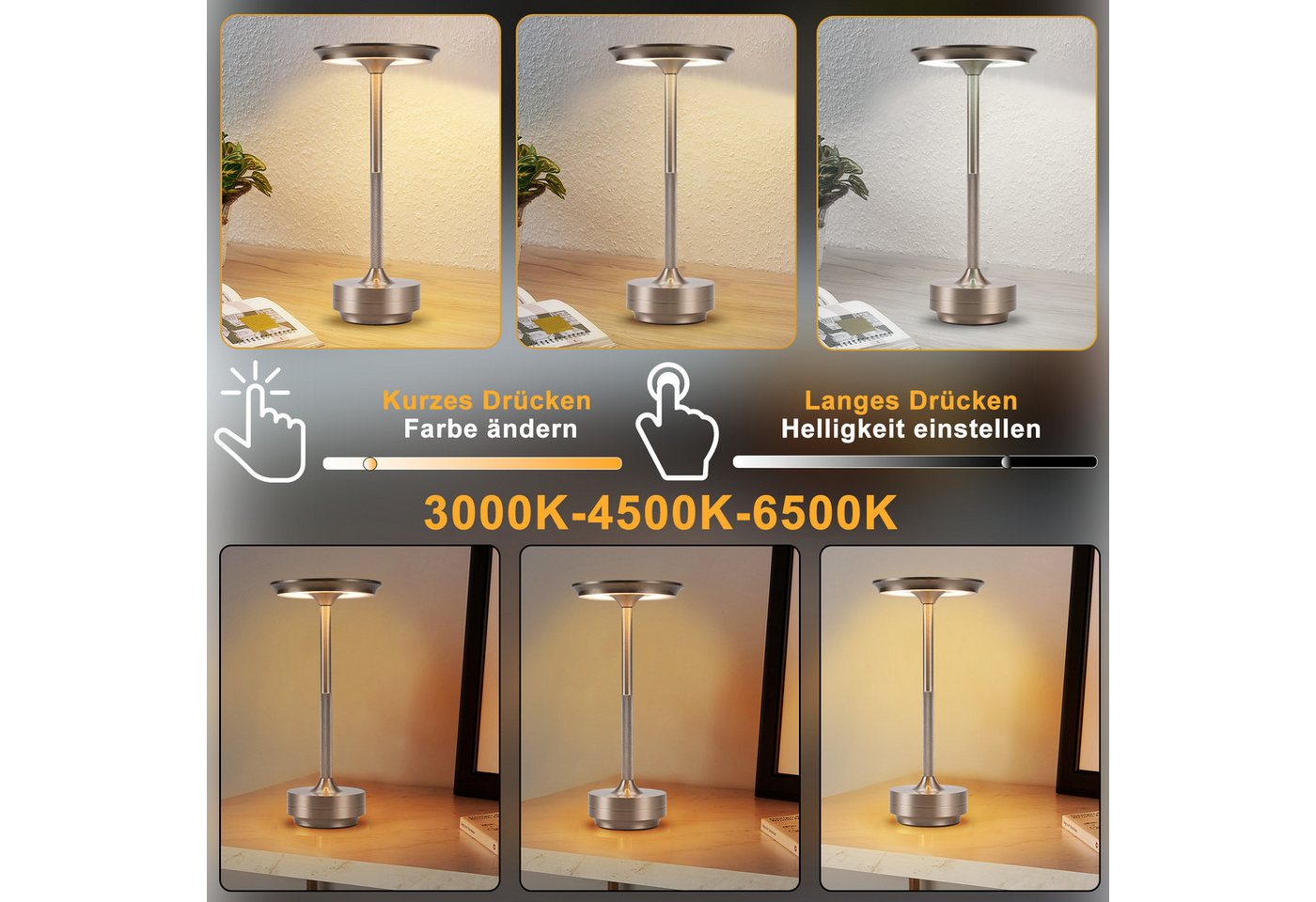 ZMH LED Tischleuchte kabellose Akku-Nachttischlampe, Dimmbar, Touch-Steuerung, 3 Lichtfarben, USB-C-aufladbar, LED fest integriert, Warmweiß, Neutralweiß, Kaltweiß Bild 4