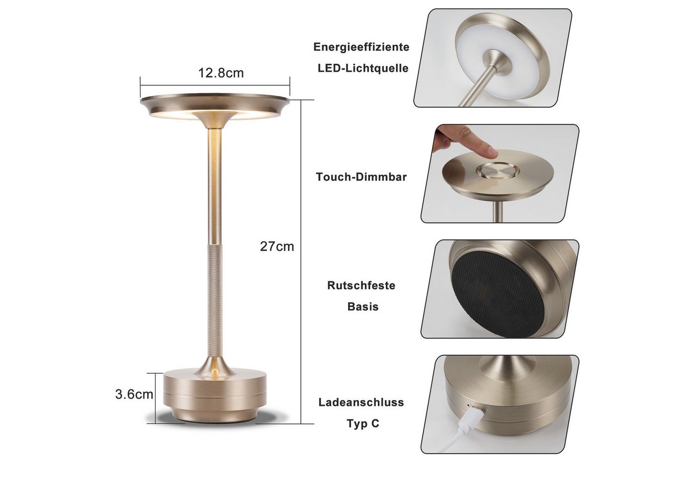 ZMH LED Tischleuchte kabellose Akku-Nachttischlampe, Dimmbar, Touch-Steuerung, 3 Lichtfarben, USB-C-aufladbar, LED fest integriert, Warmweiß, Neutralweiß, Kaltweiß Bild 5
