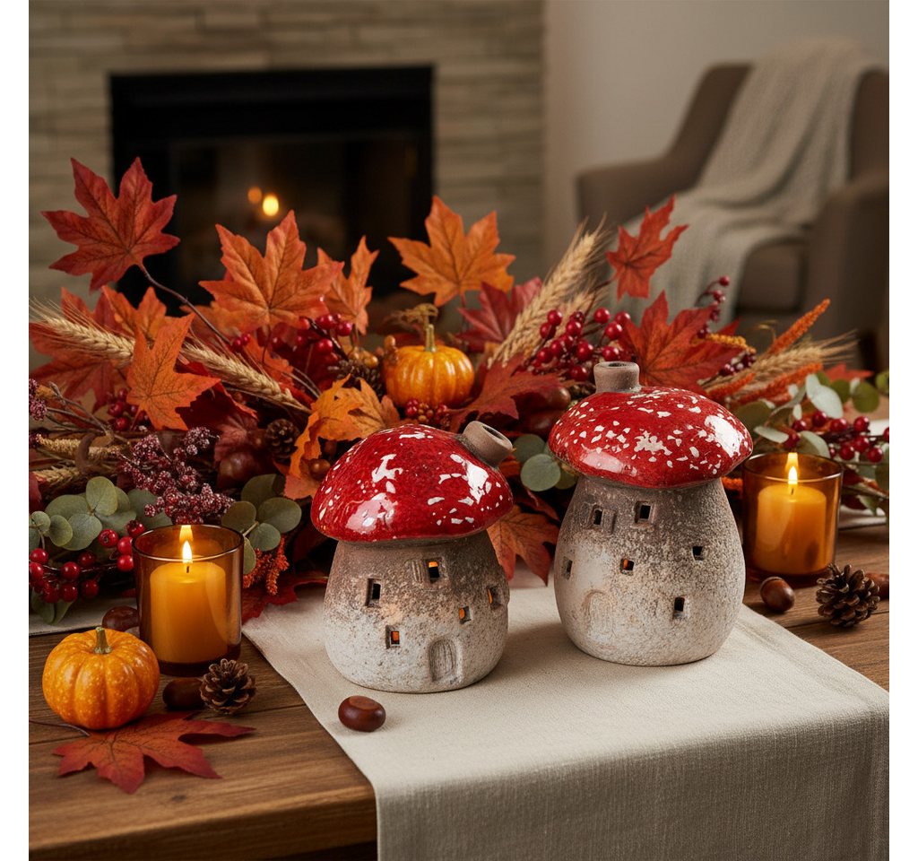 Florists Products Streudeko Pilzhaus Deko-Lichthaus aus Keramik für Herbstdekoration, 2 Stück