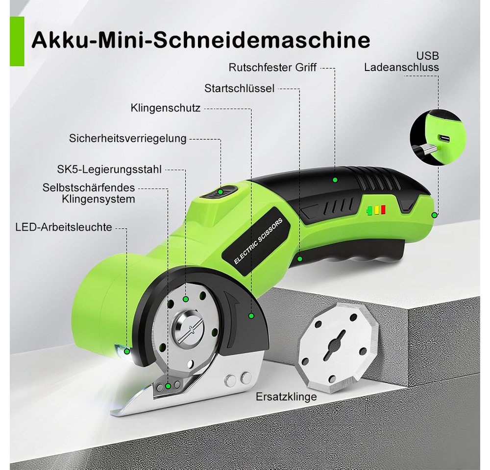 AFKSMILE Akku-Blechschere Kartonschneider Elektrische Schere, Universalschneider & Rollschneider, Mit Ersatzklinge für Karton, Pappe, Teppich, Leder, Filz & Kunststoff Bild 2