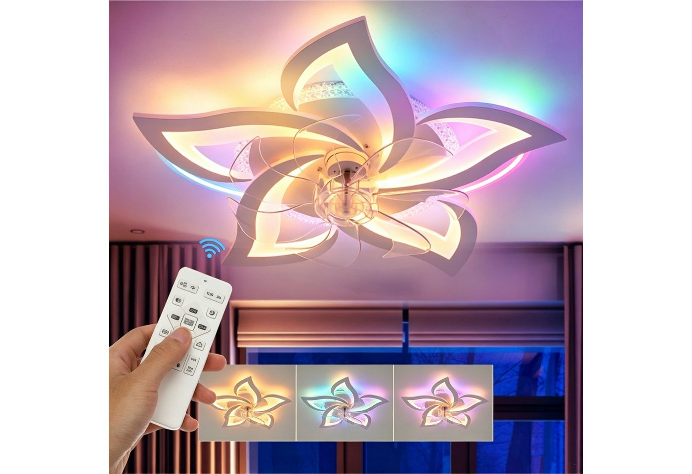 oyajia Deckenleuchte Leise Deckenventilator mit Beleuchtung, 60W LED Deckenleuchte 5000LM, LED fest integriert, Naturweiß, Kaltweiß, Warmweiß, LED Deckenbeleuchtung mit Ventilator,5 Lichter Design Deckenventilator Bild 2