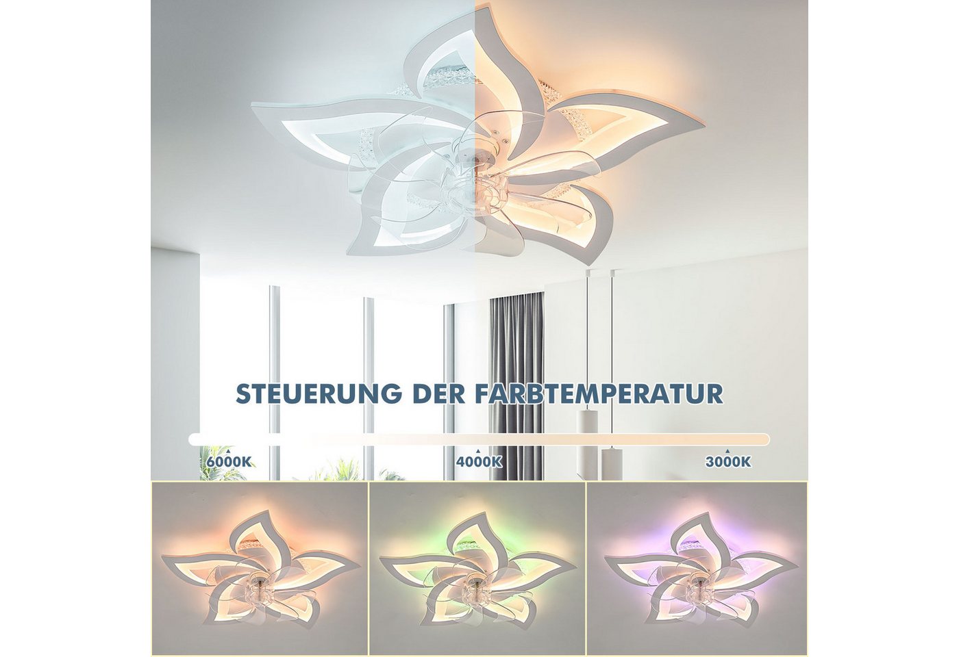 oyajia Deckenleuchte Leise Deckenventilator mit Beleuchtung, 60W LED Deckenleuchte 5000LM, LED fest integriert, Naturweiß, Kaltweiß, Warmweiß, LED Deckenbeleuchtung mit Ventilator,5 Lichter Design Deckenventilator Bild 3
