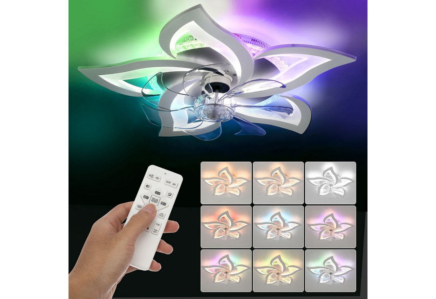 oyajia Deckenleuchte Leise Deckenventilator mit Beleuchtung, 60W LED Deckenleuchte 5000LM, LED fest integriert, Naturweiß, Kaltweiß, Warmweiß, LED Deckenbeleuchtung mit Ventilator,5 Lichter Design Deckenventilator Bild 4