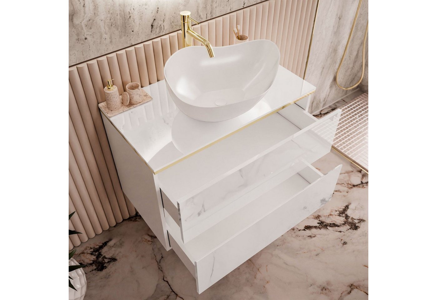 Lookway Badmöbel-Set AURORA GOLD Badezimmerschrank mit praktische Schubladen, 80x55x45 cm Bild 4