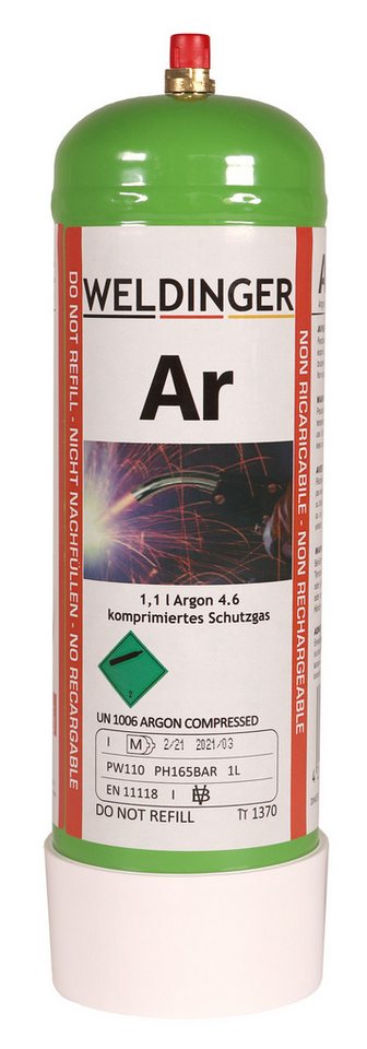 WELDINGER Gas Argon 4.6 Einwegflasche 1,1 l 110 bar 110 l Argon, WIG- und MIG-Schweißen