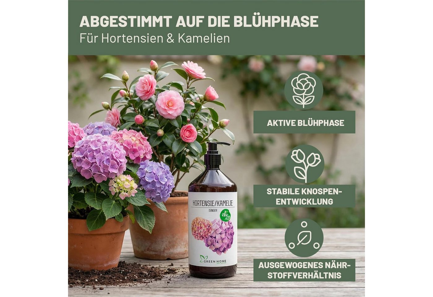 GREEN HOME LOVE NATURE Blumendünger Flüssigdünger NPK 5+5+7 für Hortensien, Kamelien & Moorbeetpflanzen, Hortensie & Kamelie, NPK 5+5+7, Spurennährstoffe, chelatiert, Dosierpumpe Bild 2