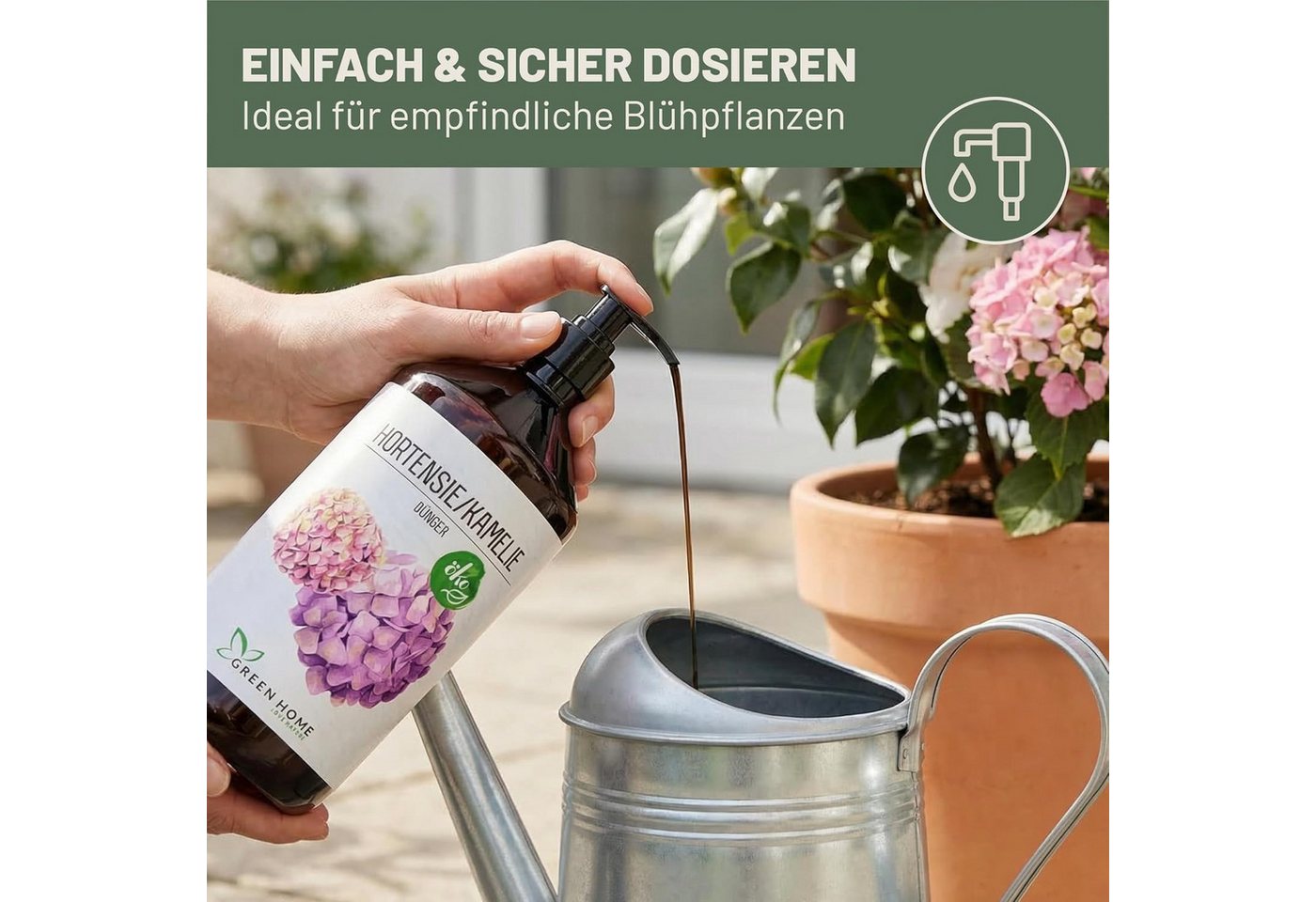 GREEN HOME LOVE NATURE Blumendünger Flüssigdünger NPK 5+5+7 für Hortensien, Kamelien & Moorbeetpflanzen, Hortensie & Kamelie, NPK 5+5+7, Spurennährstoffe, chelatiert, Dosierpumpe Bild 4