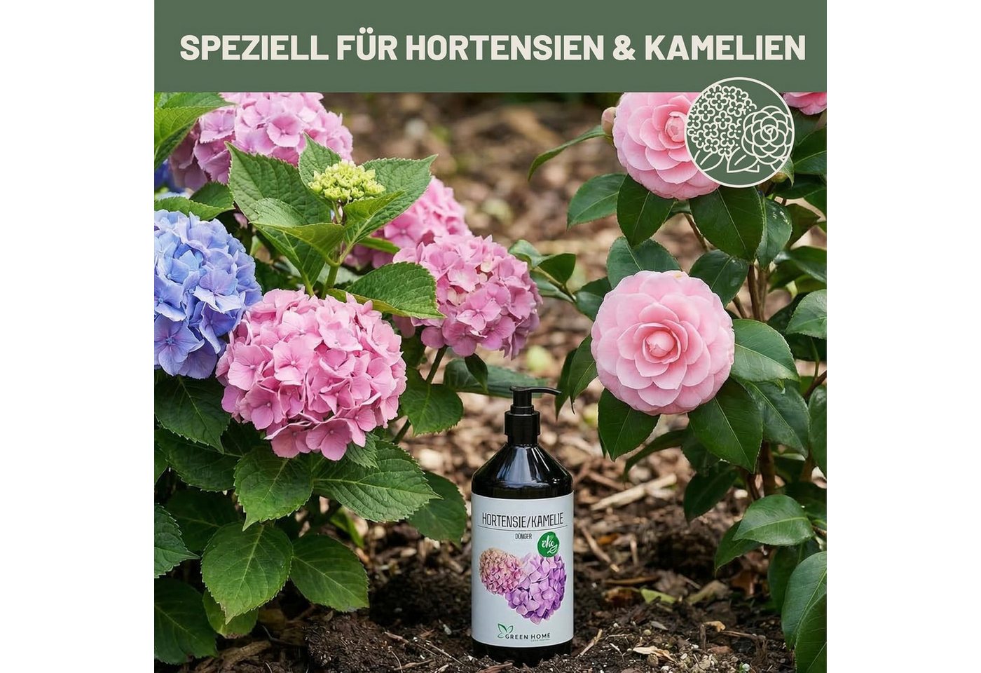 GREEN HOME LOVE NATURE Blumendünger Flüssigdünger NPK 5+5+7 für Hortensien, Kamelien & Moorbeetpflanzen, Hortensie & Kamelie, NPK 5+5+7, Spurennährstoffe, chelatiert, Dosierpumpe Bild 5