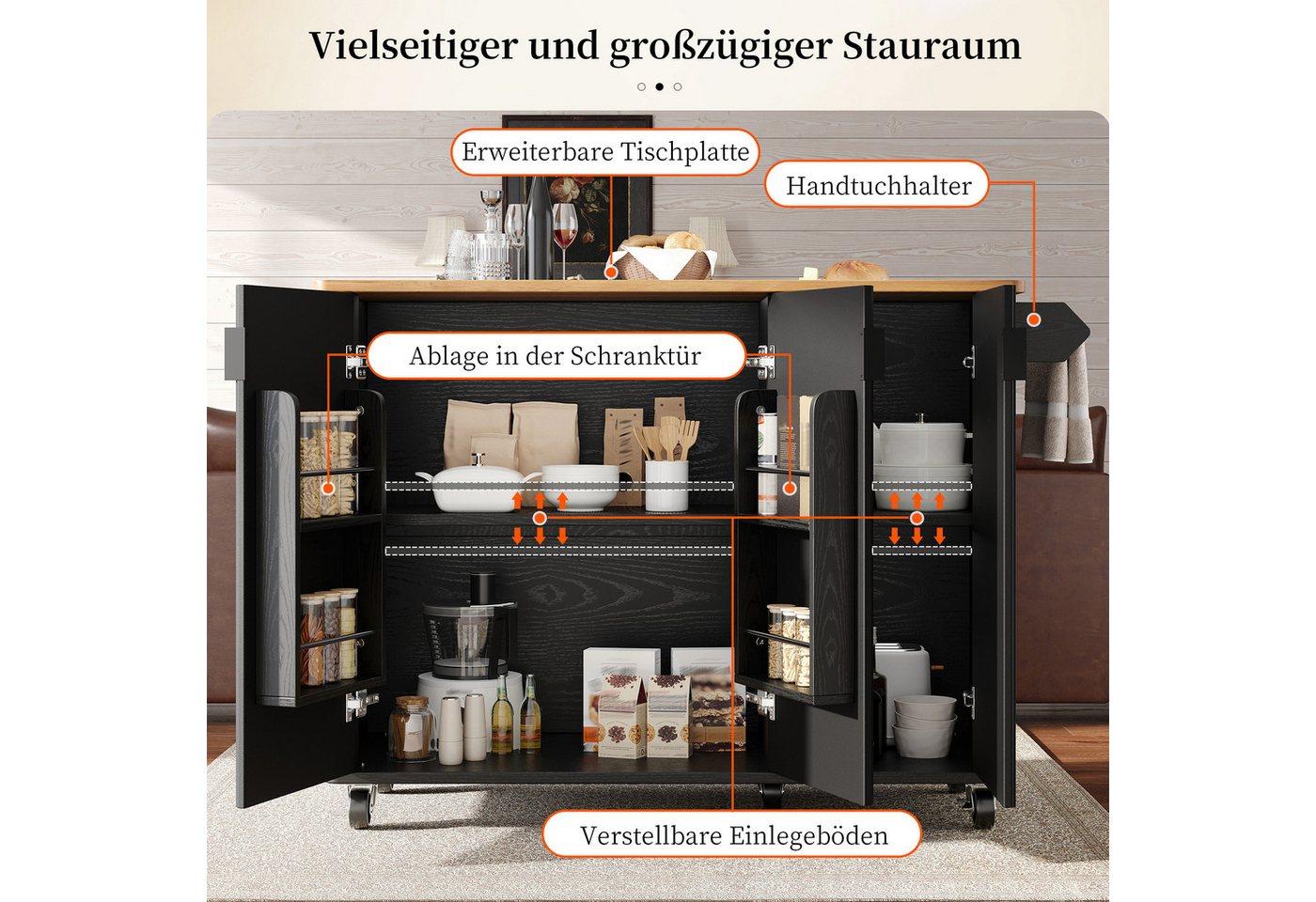 i@home Kücheninsel Küchenwagen auf Rädern mit klappbarer Arbeitsplatte, (Handtuchhalter, Gewürzregal, 3 Türen mit Türablagen), Speisewagen & Buffet für Küche, Esszimmer 130×45(75)×92 cm Bild 2