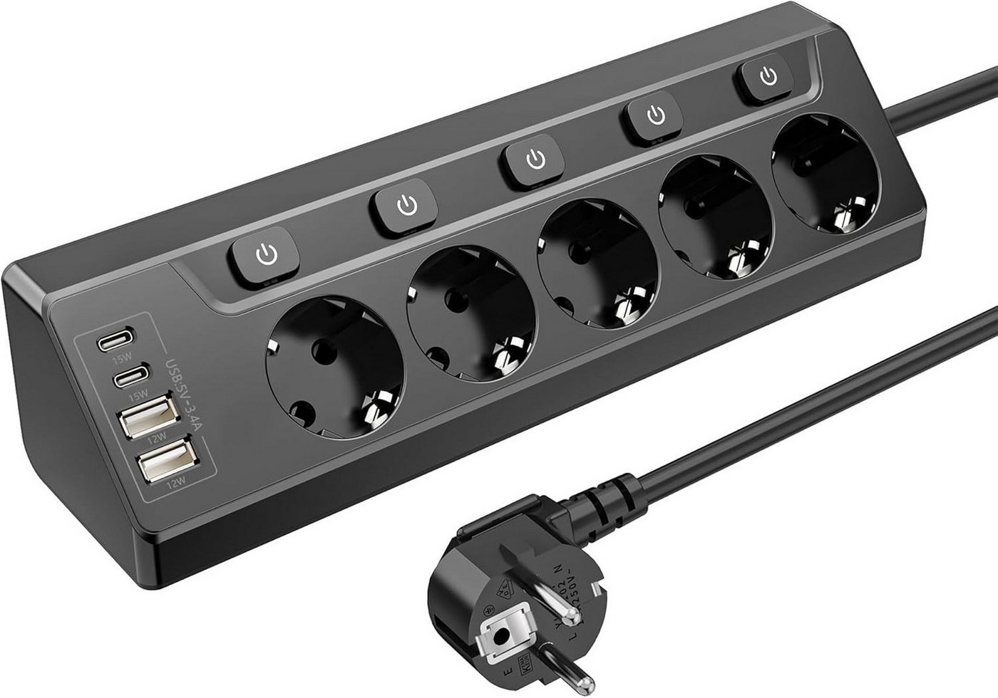 AKKEE Tischsteckdosenleiste mit 4/5/6 Steckdosen, Unabhängigem Schalter Mehrfachsteckdose (2M Verlängerungskabel für Küche, Büro, Haushalt, Kabellänge 6 m), Steckdosenleiste Mit 4 USB (2 USB C)+5 Fach Steckdose