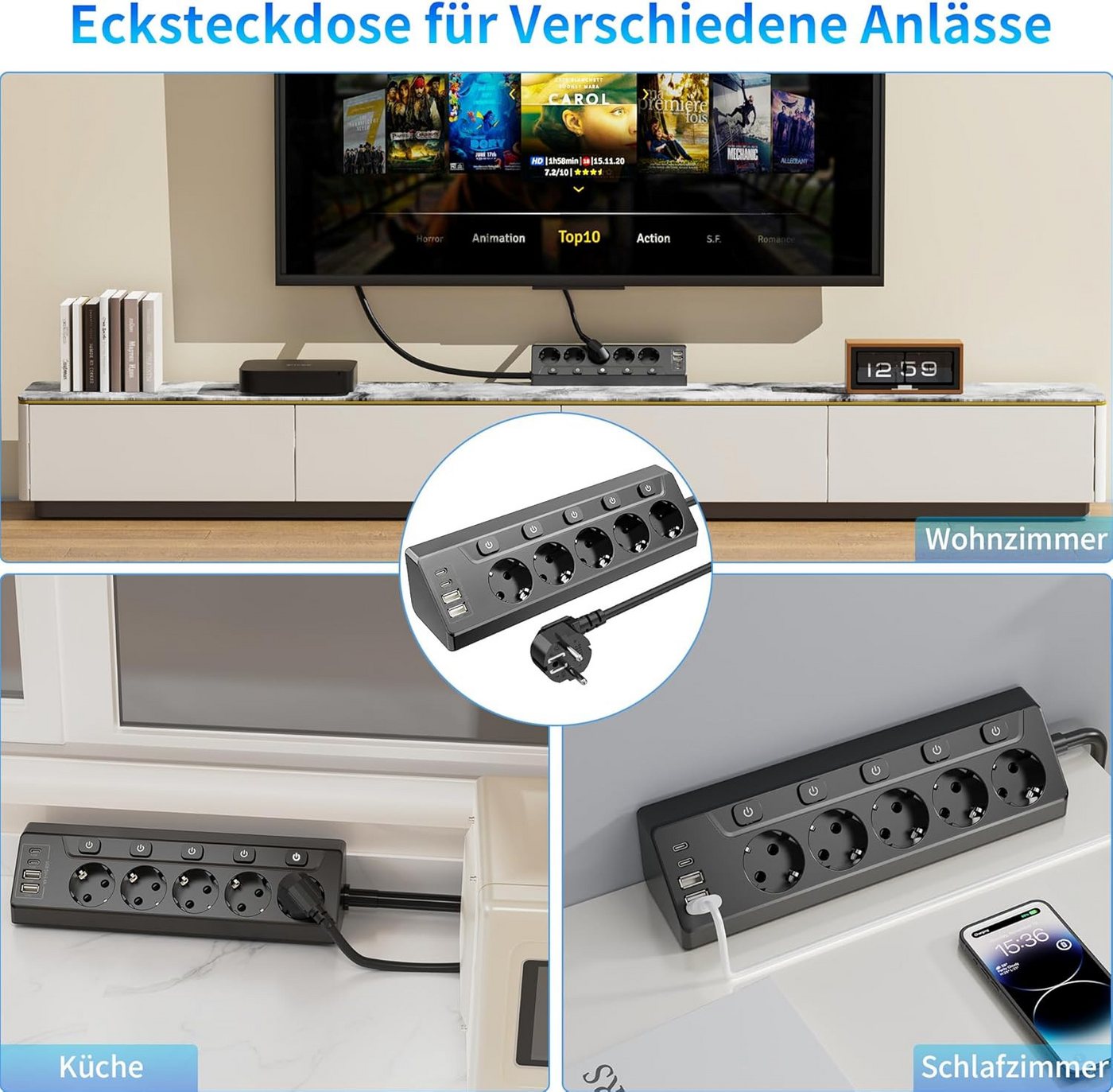 AKKEE Tischsteckdosenleiste mit 4/5/6 Steckdosen, Unabhängigem Schalter Mehrfachsteckdose (2M Verlängerungskabel für Küche, Büro, Haushalt, Kabellänge 6 m), Steckdosenleiste Mit 4 USB (2 USB C)+5 Fach Steckdose Bild 2