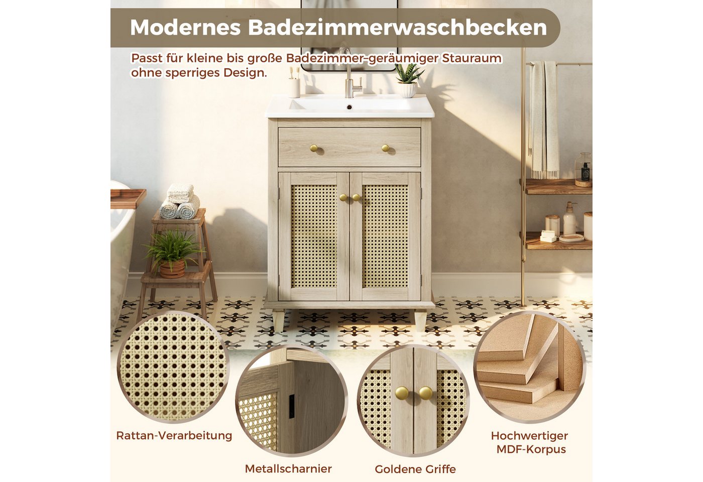 Merax Waschtisch Waschbeckenunterschrank mit Klappschublade inkl. Waschbecken (Badmöbel-Set im Landhausstil Holzoptik, 1-St), Badzimmerschrank mit 2 Rattan Türen & höhenverstellbaren Einlegeböden