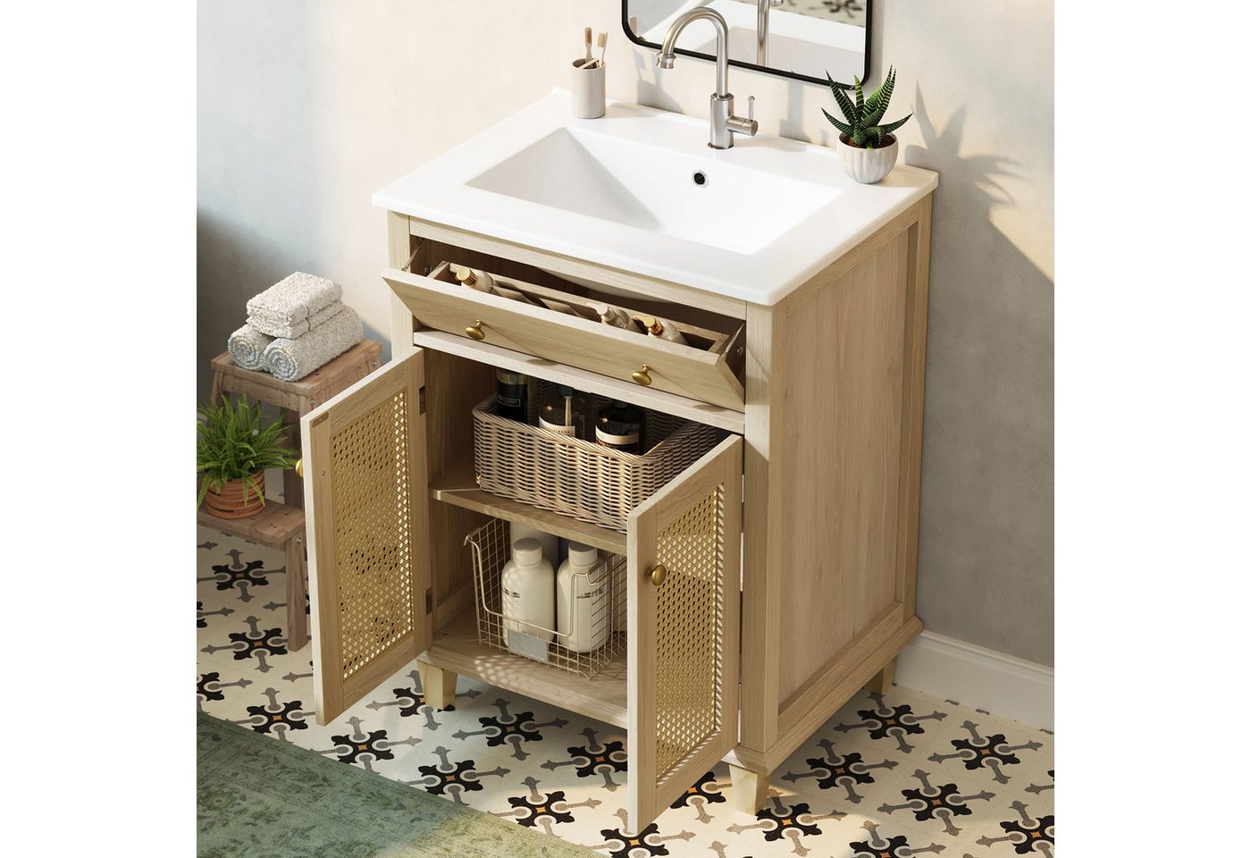 Merax Waschtisch Waschbeckenunterschrank mit Klappschublade inkl. Waschbecken (Badmöbel-Set im Landhausstil Holzoptik, 1-St), Badzimmerschrank mit 2 Rattan Türen & höhenverstellbaren Einlegeböden Bild 2