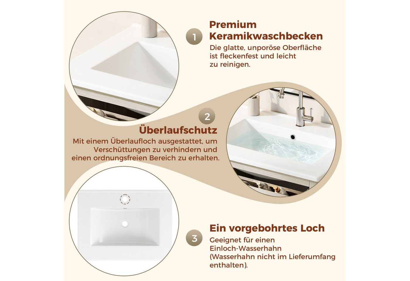 Merax Waschtisch Waschbeckenunterschrank mit Klappschublade inkl. Waschbecken (Badmöbel-Set im Landhausstil Holzoptik, 1-St), Badzimmerschrank mit 2 Rattan Türen & höhenverstellbaren Einlegeböden Bild 3