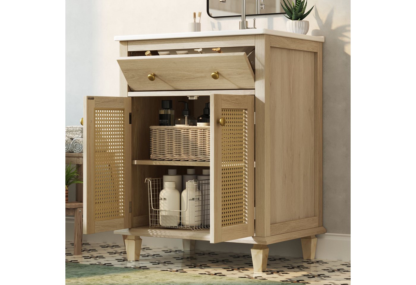Merax Waschtisch Waschbeckenunterschrank mit Klappschublade inkl. Waschbecken (Badmöbel-Set im Landhausstil Holzoptik, 1-St), Badzimmerschrank mit 2 Rattan Türen & höhenverstellbaren Einlegeböden Bild 4