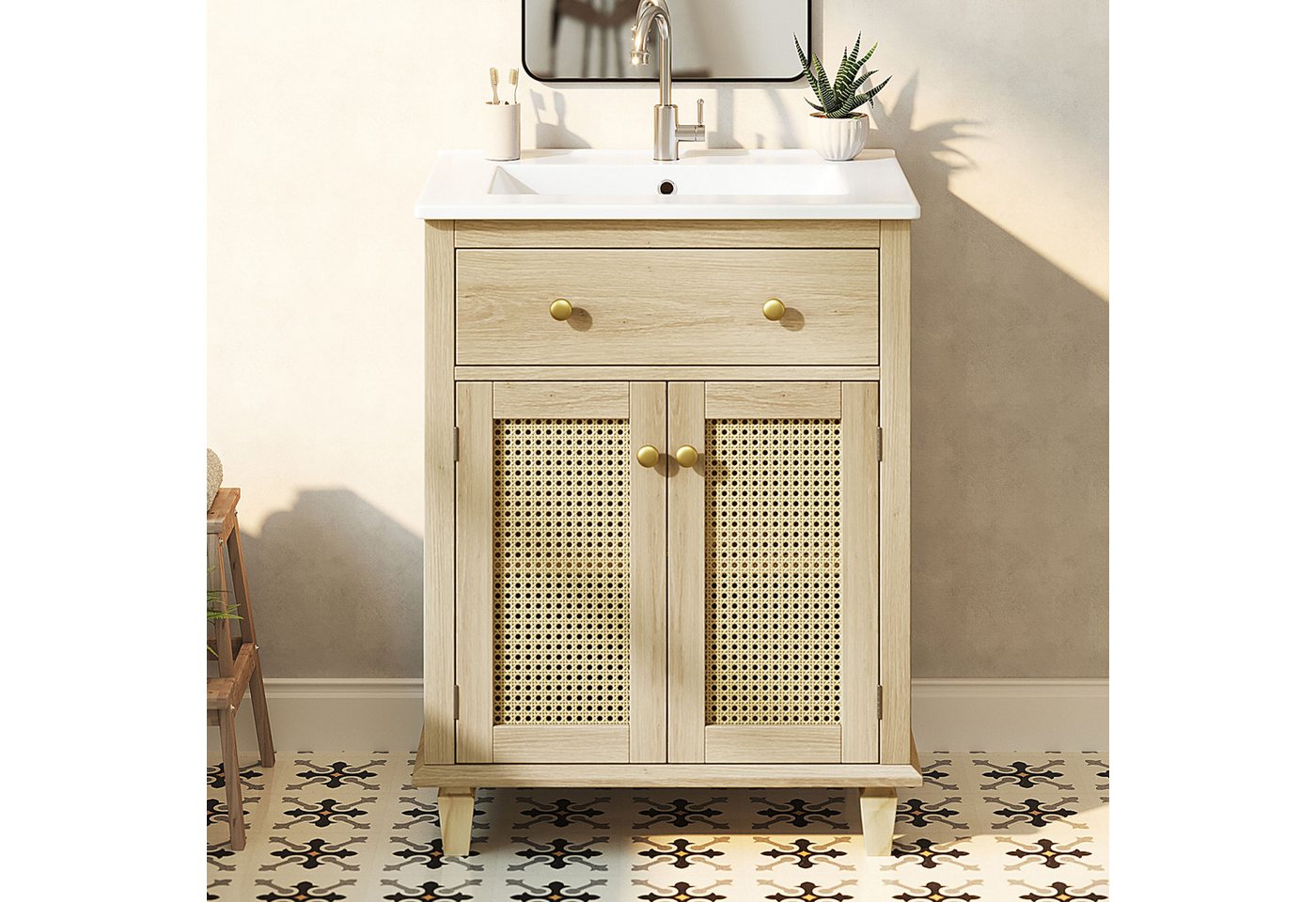 Merax Waschtisch Waschbeckenunterschrank mit Klappschublade inkl. Waschbecken (Badmöbel-Set im Landhausstil Holzoptik, 1-St), Badzimmerschrank mit 2 Rattan Türen & höhenverstellbaren Einlegeböden Bild 5