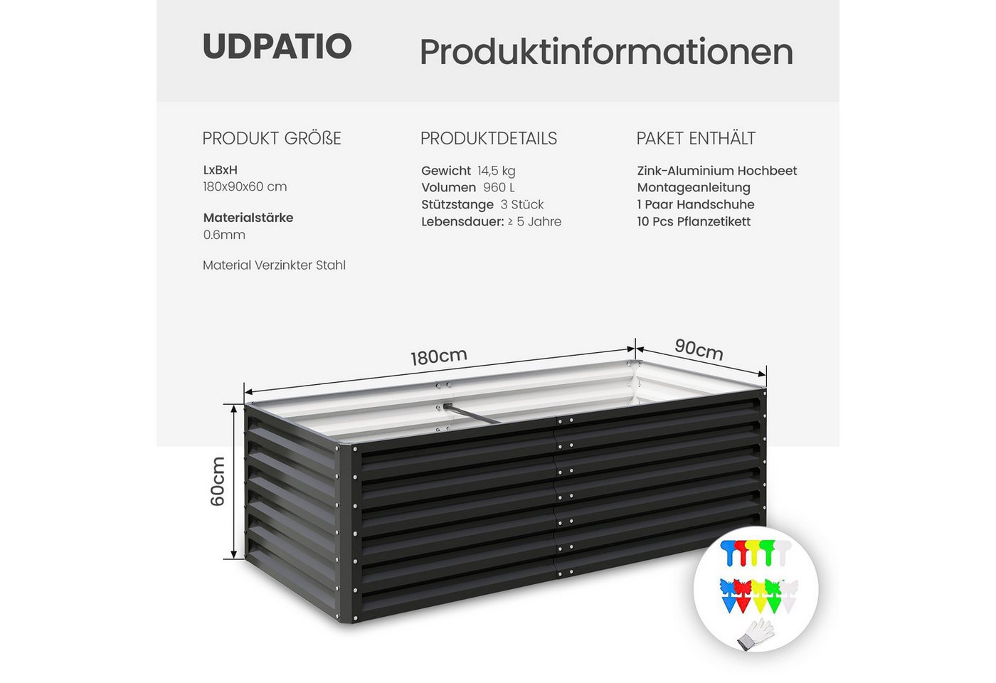 UDPATIO Hochbeet Metall, Zink-Aluminium Freistehendes Hochbeete für Garten und Balkon (2 St), 960 L Pflanzkasten für Garten, 180 x 60 x 90 cm Bild 2