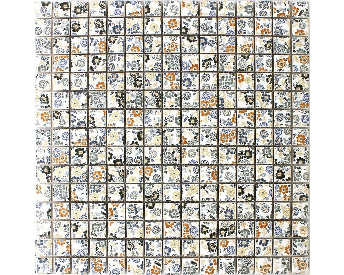 Mosafil Mosaikfliesen Mosaikfliesen Keramik Weiss Flower, Keramik 30.500x30.500, weiß-rot-blau-gelb, Verlegefertig auf ein Netz geklebt - Frostsicher - Wasserfest