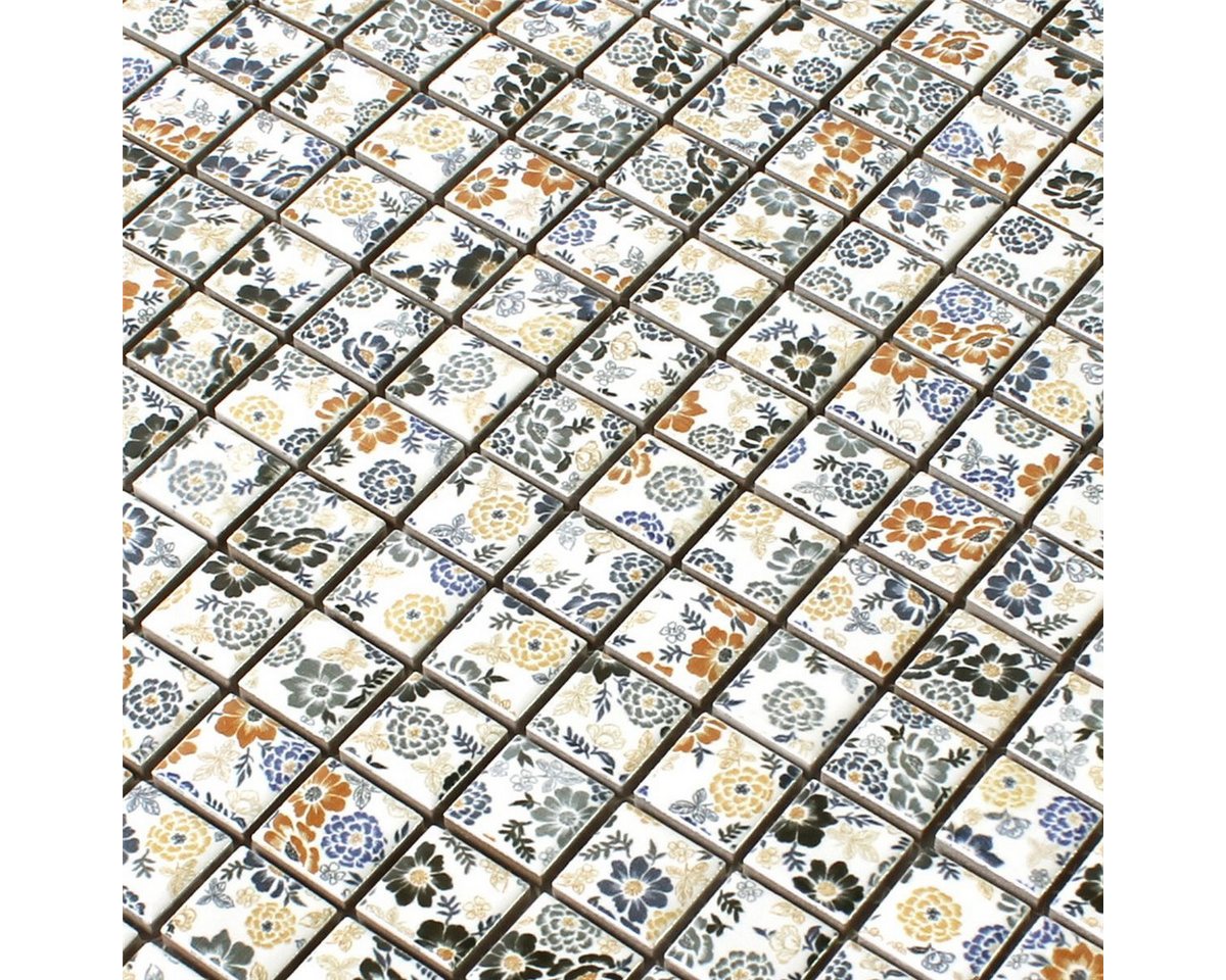 Mosafil Mosaikfliesen Mosaikfliesen Keramik Weiss Flower, Keramik 30.500x30.500, weiß-rot-blau-gelb, Verlegefertig auf ein Netz geklebt - Frostsicher - Wasserfest Bild 2