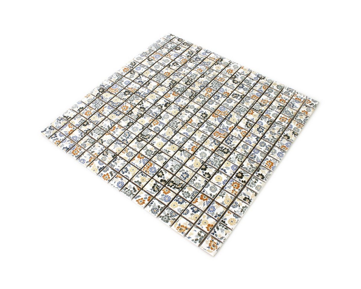 Mosafil Mosaikfliesen Mosaikfliesen Keramik Weiss Flower, Keramik 30.500x30.500, weiß-rot-blau-gelb, Verlegefertig auf ein Netz geklebt - Frostsicher - Wasserfest Bild 3