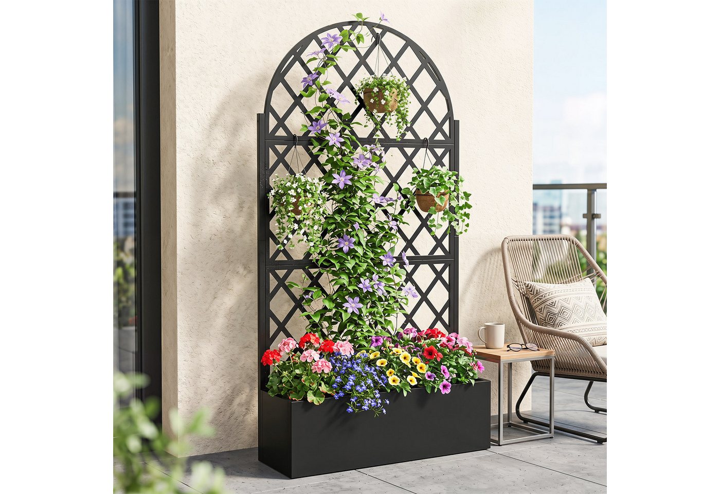 COSTWAY Blumenkasten, Pflanzkasten aus Metall mit Rankgitter, Ablauflöchern Bild 3