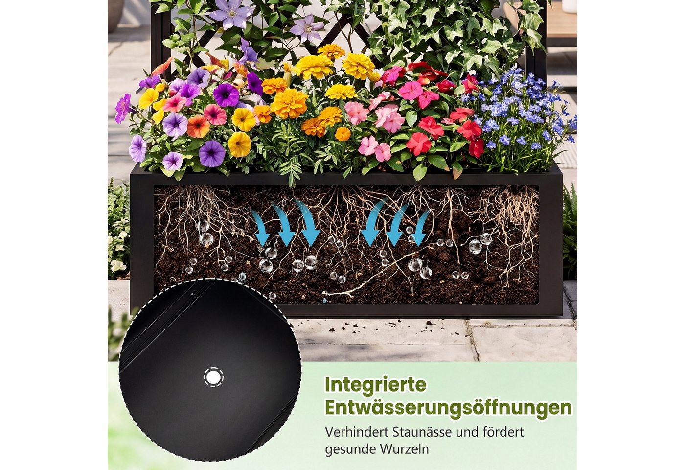 COSTWAY Blumenkasten, Pflanzkasten aus Metall mit Rankgitter, Ablauflöchern Bild 4