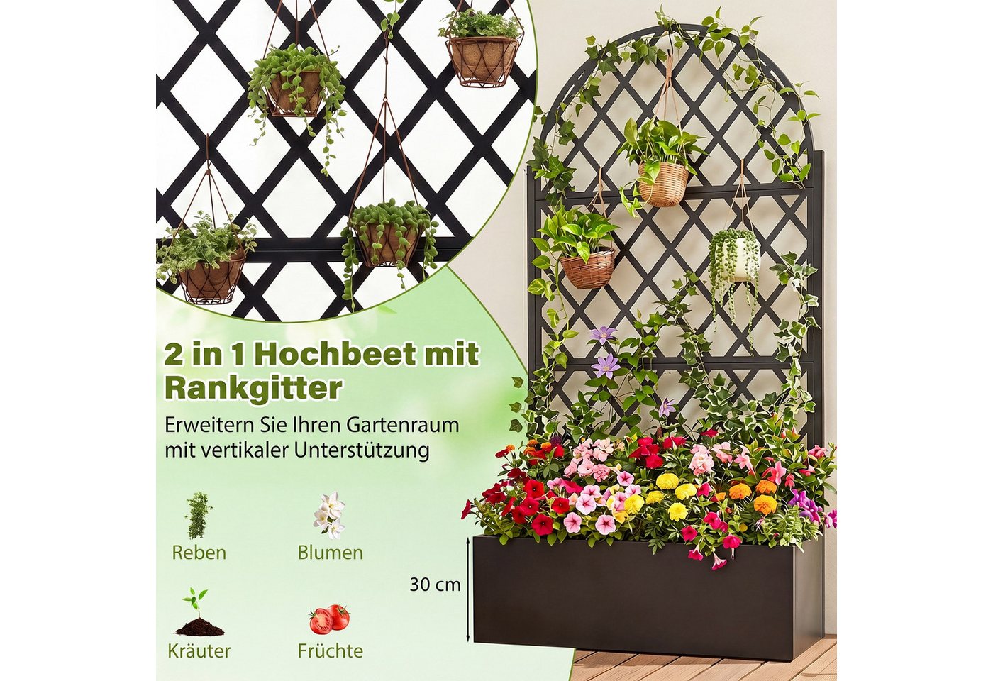 COSTWAY Blumenkasten, Pflanzkasten aus Metall mit Rankgitter, Ablauflöchern Bild 5