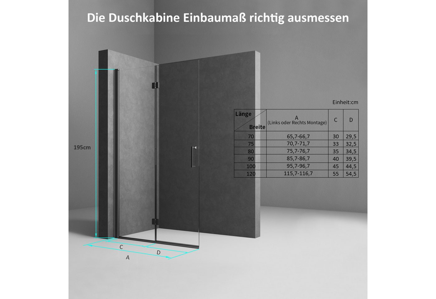 Boromal Walk-in-Dusche Schwarz Duschabtrennung faltbar für Dusche Walk In Duschwand, 5mm NANO ESG, (Duschtrennwand Glas, 180º faltbar), mti Duschdichtung, Rechts-und Links montierbar