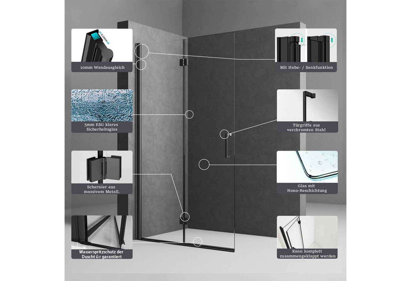 Boromal Walk-in-Dusche Schwarz Duschabtrennung faltbar für Dusche Walk In Duschwand, 5mm NANO ESG, (Duschtrennwand Glas, 180º faltbar), mti Duschdichtung, Rechts-und Links montierbar Bild 3