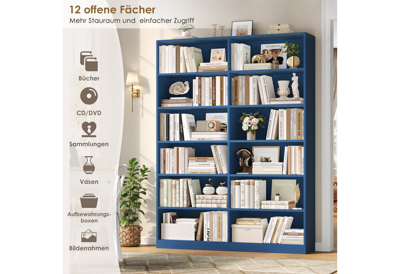 Homfa Bücherregal 188,7cm Standregal Büroregal Raumteiler, mit 12 Fächern, Holz, 120x30x188,7cm, Blau Bild 3