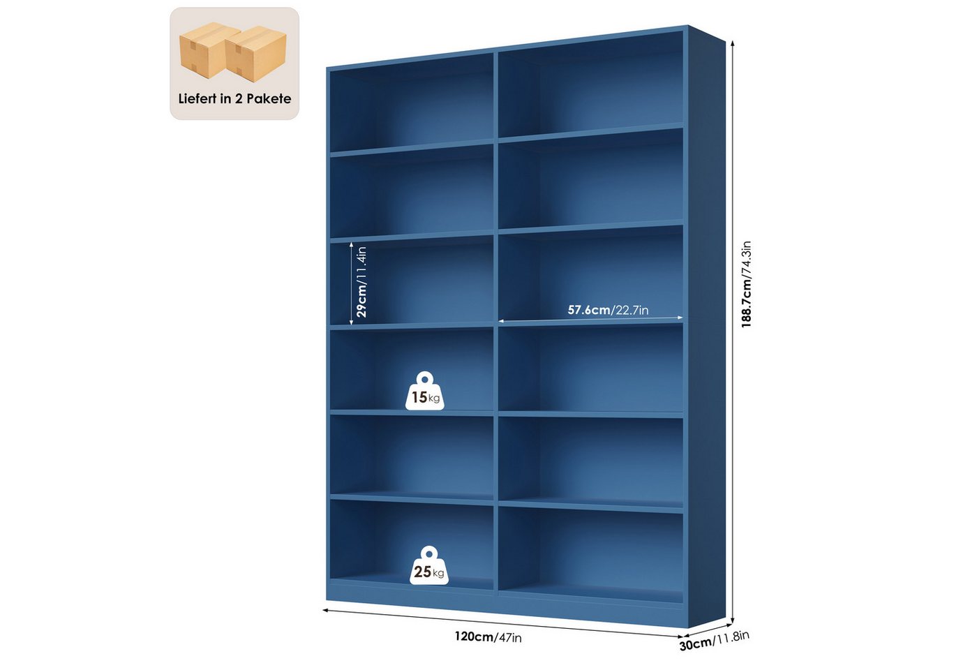 Homfa Bücherregal 188,7cm Standregal Büroregal Raumteiler, mit 12 Fächern, Holz, 120x30x188,7cm, Blau Bild 5