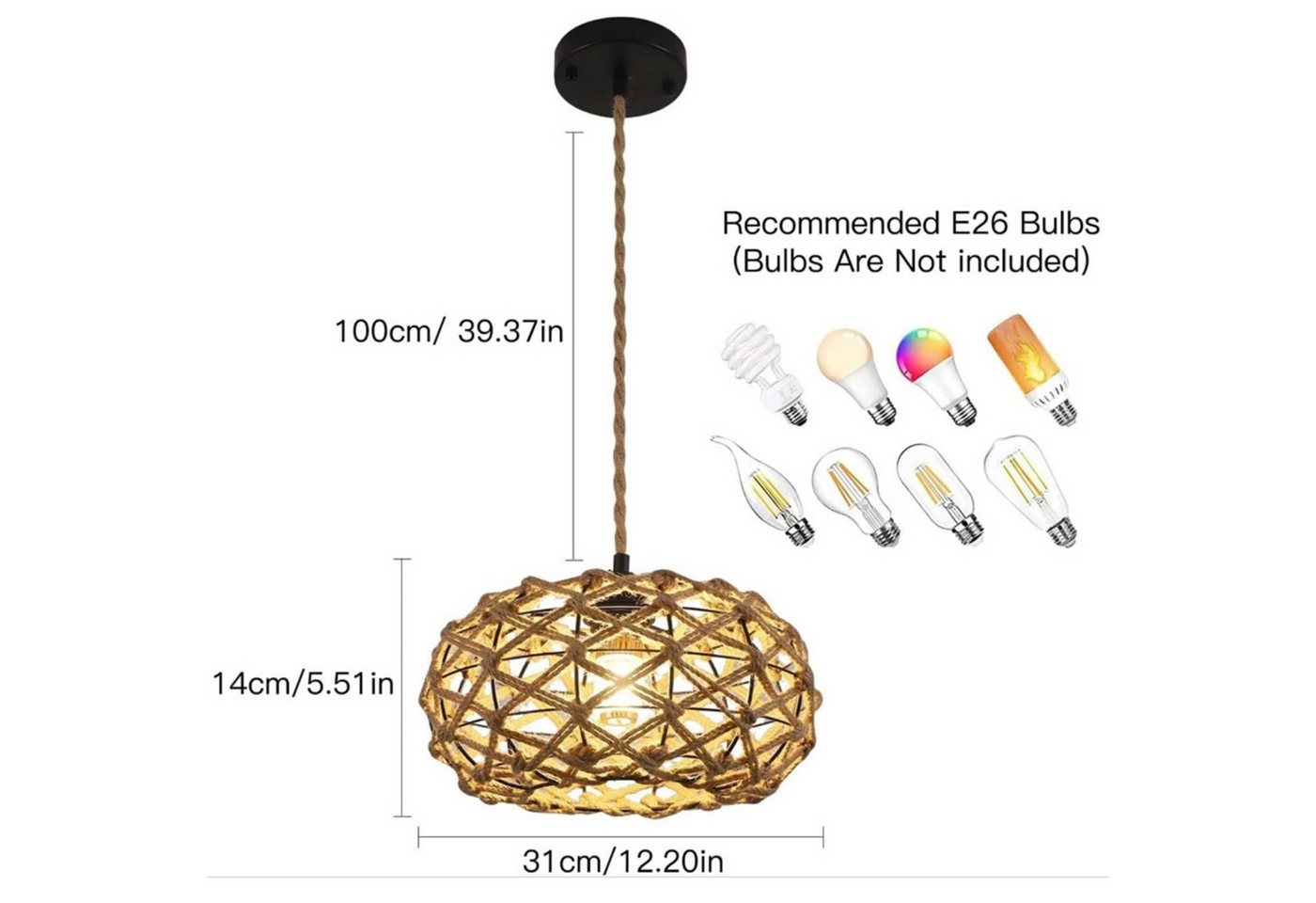 Riserva Hängeleuchte Hängelampe Rattan Ø31 cm, E27, Boho, 1 m Kabel, ohne Leuchtmittel