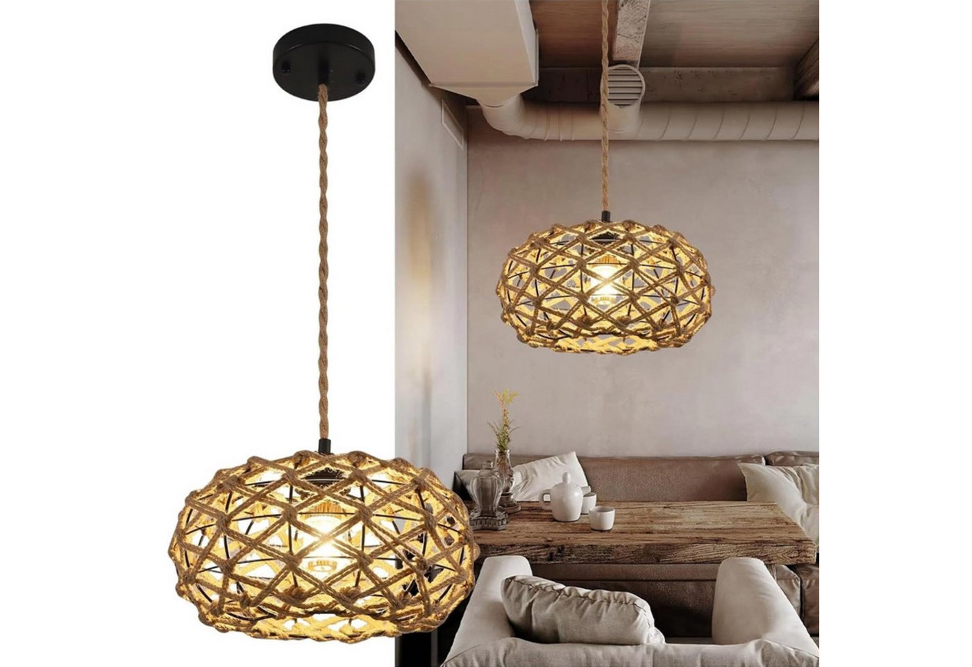 Riserva Hängeleuchte Hängelampe Rattan Ø31 cm, E27, Boho, 1 m Kabel, ohne Leuchtmittel Bild 2