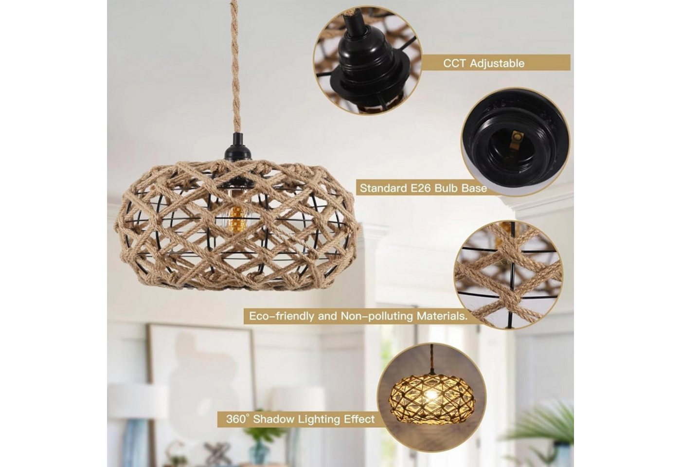 Riserva Hängeleuchte Hängelampe Rattan Ø31 cm, E27, Boho, 1 m Kabel, ohne Leuchtmittel Bild 5