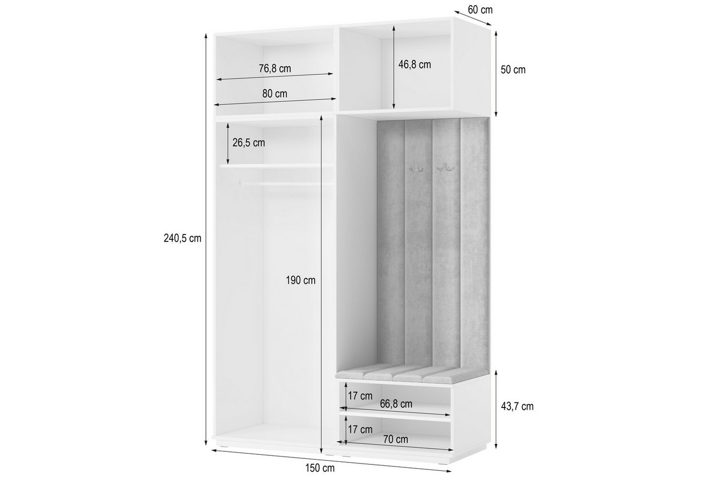Masseno Garderobenschrank REMA 150 x 240 cm Garderoben-Set mit 2 Türen Kaschmir Bild 4