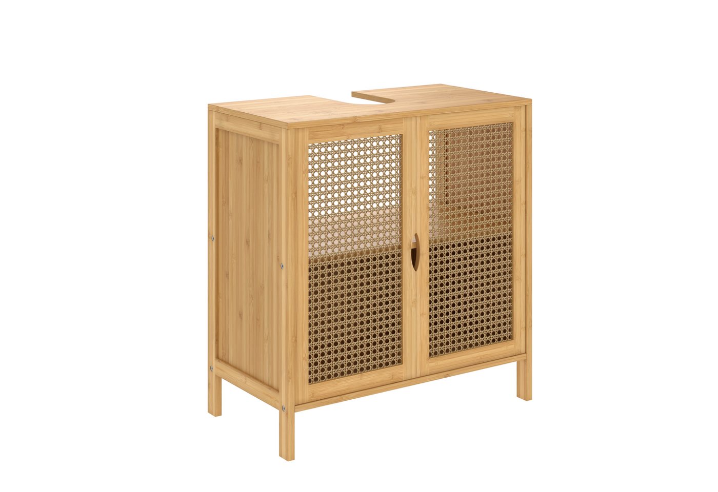 Bellamio Badregal Raba, Badschrank aus Bambus & Rattan, mit Flügeltüren, 48×29×60 cm, Waschbeckenunterschrank mit 2 Fächern & 2 Türen, robst und langlebig