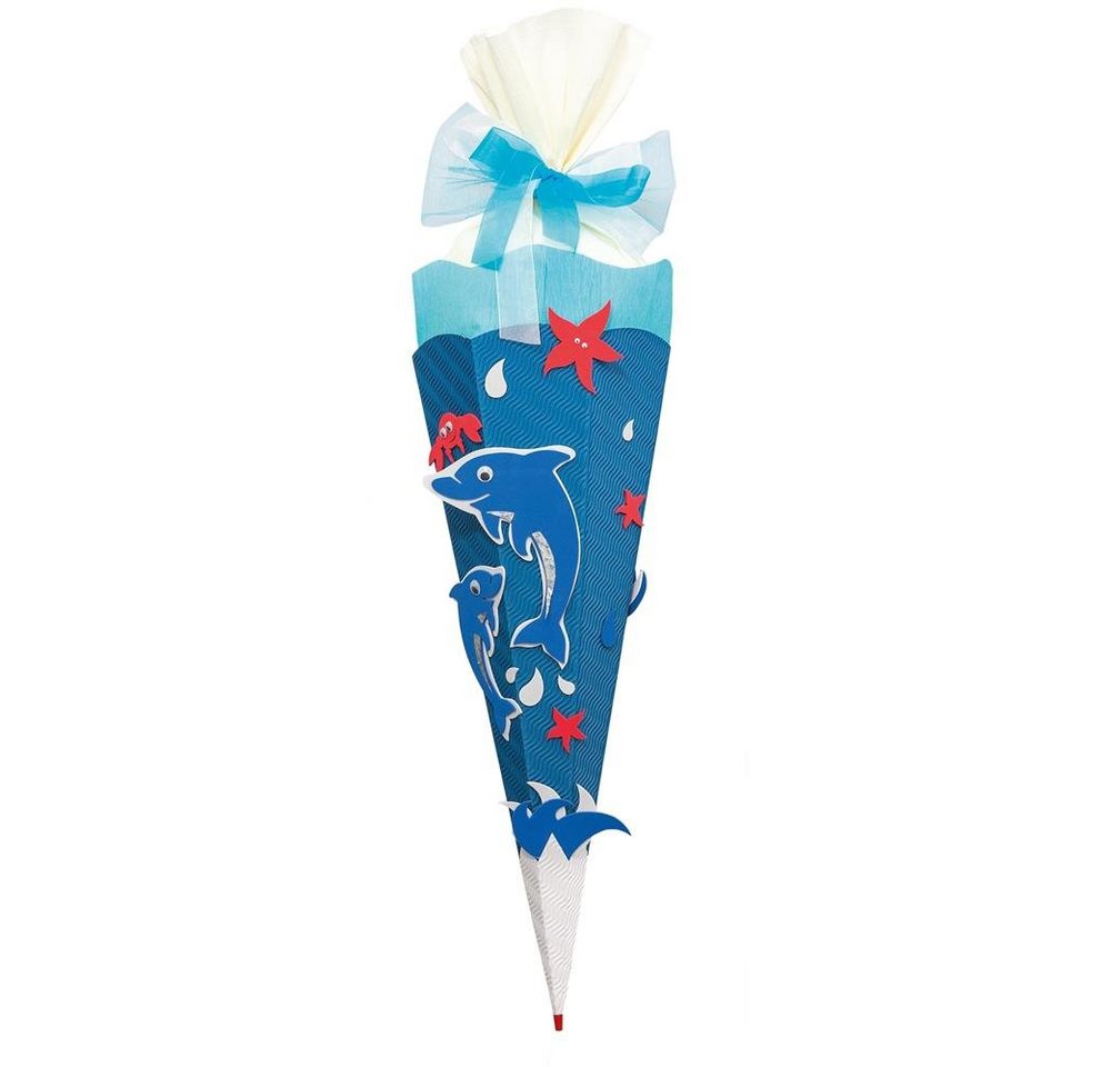 Roth Schultüte Basteltüte Delfin, 68 cm, eckig, mit weißem Kreppverschluss, Zuckertüte zum Basteln
