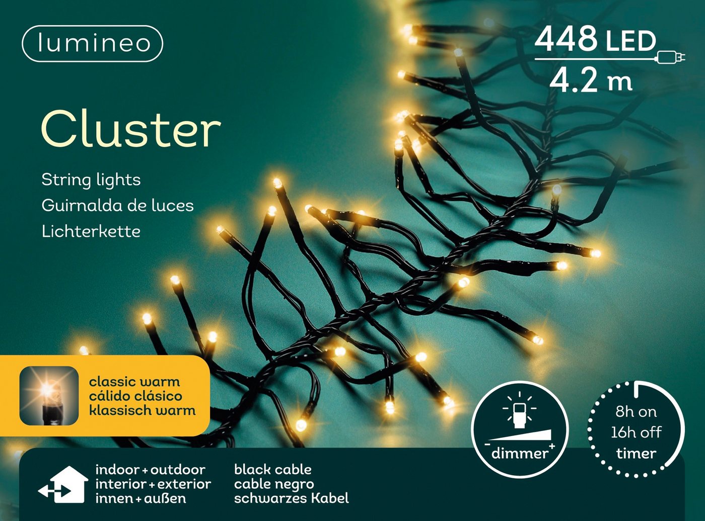 Lumineo LED-Lichterkette Lumineo Lichterkette CLUSTER 448 LED 4,2 m klassisch warm, schwarz, Indoor/Outdoor, dimmbar, 8h-Timer, + 5 m Zuleitung Bild 4